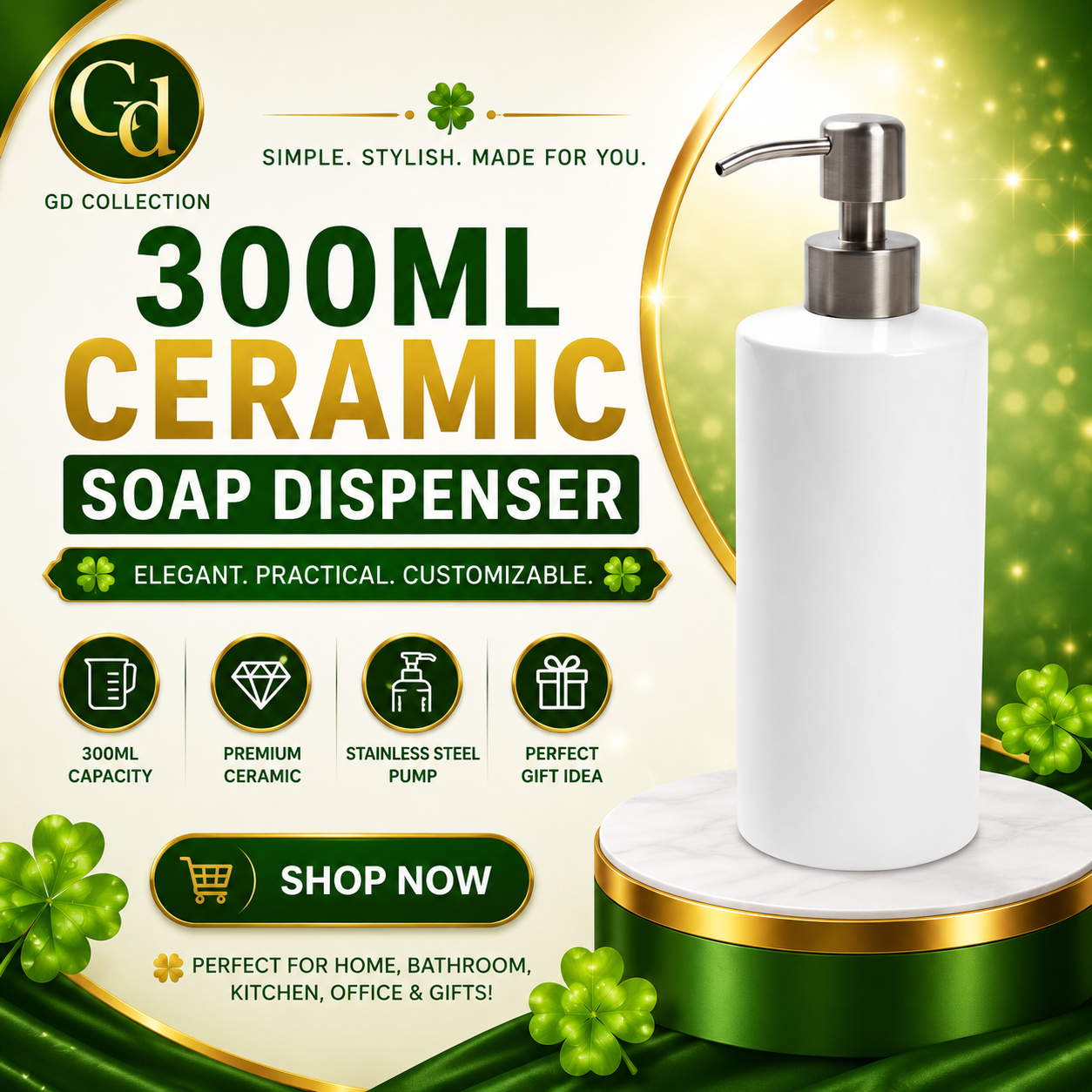 300 ml Sublimation ceramic soap dispenser with stainless steel pump