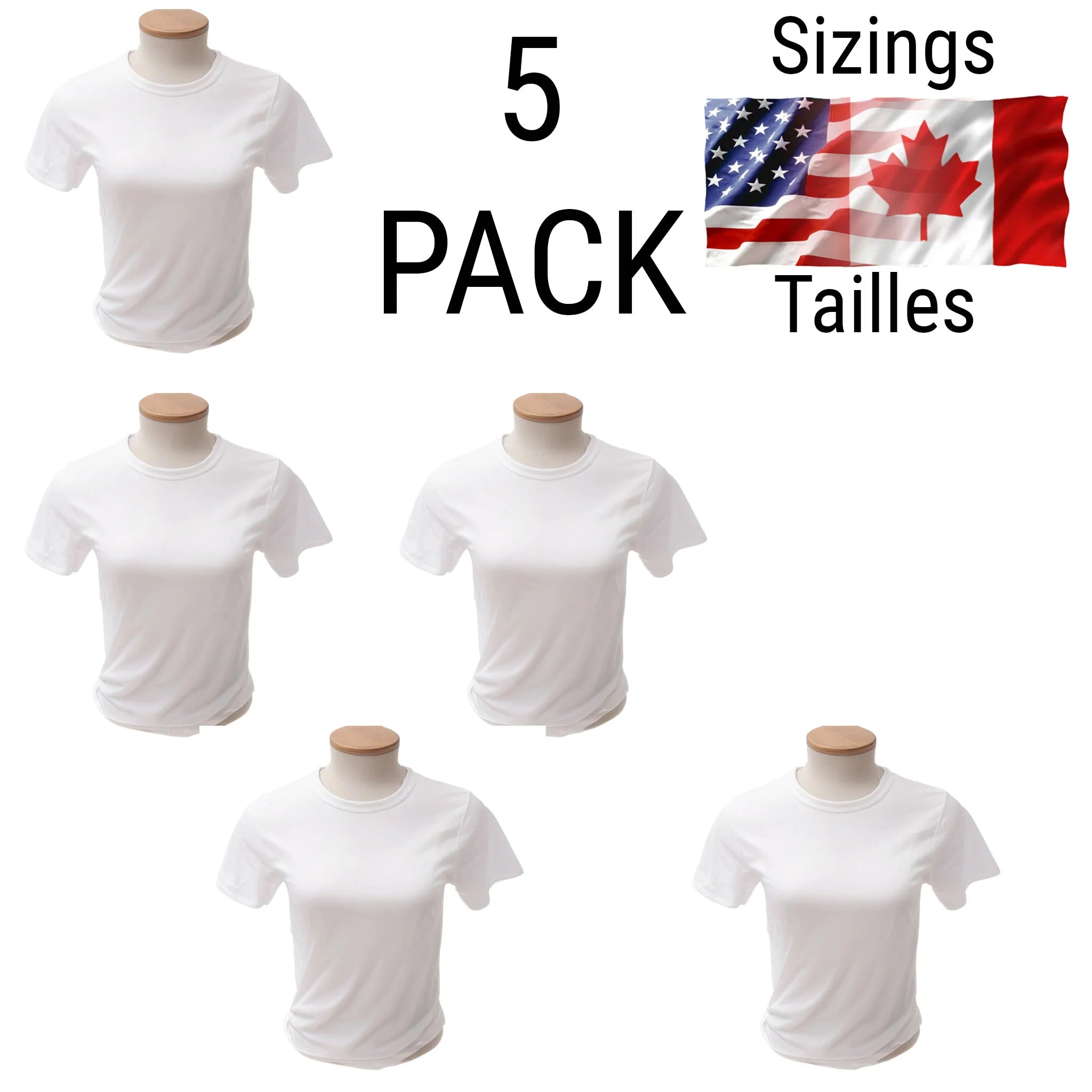 Lot de 5 T-shirts pour adultes à sublimation blanc très doux (95 % polyester - 5 % élasthanne)